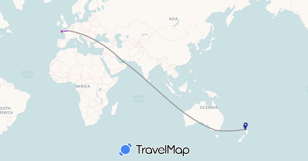 TravelMap itinerary: driving, bus, plane, train, hiking, boat in United Arab Emirates, Australia, France, New Zealand (Asia, Europe, Oceania)